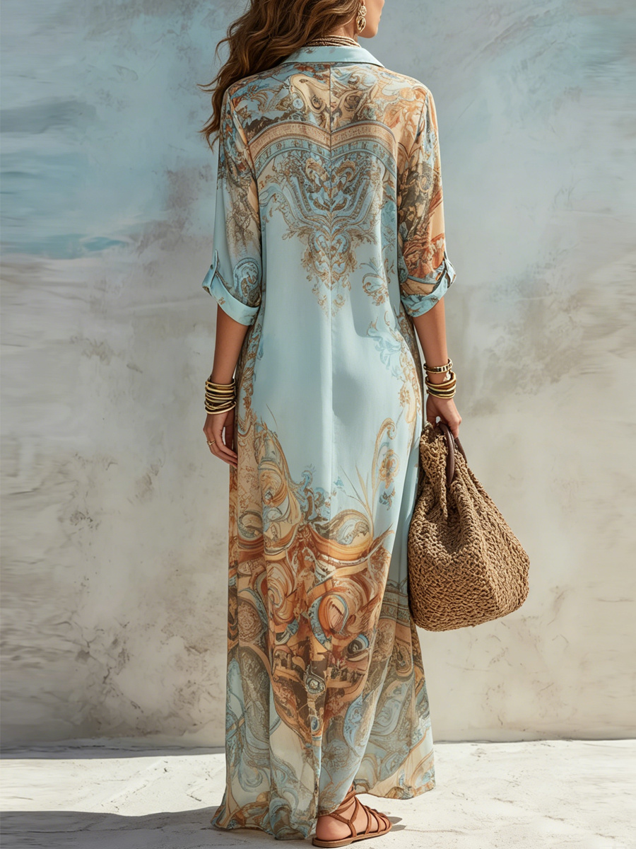 Bellune | バロックスタイルの花柄シフォンマキシドレス（ブルー）