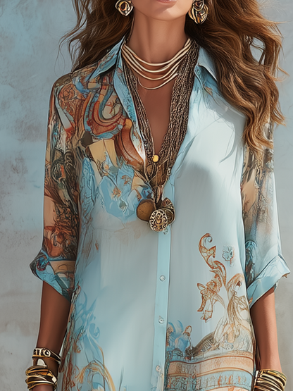 Bellune | バロックスタイルの花柄シフォンマキシドレス（ブルー）